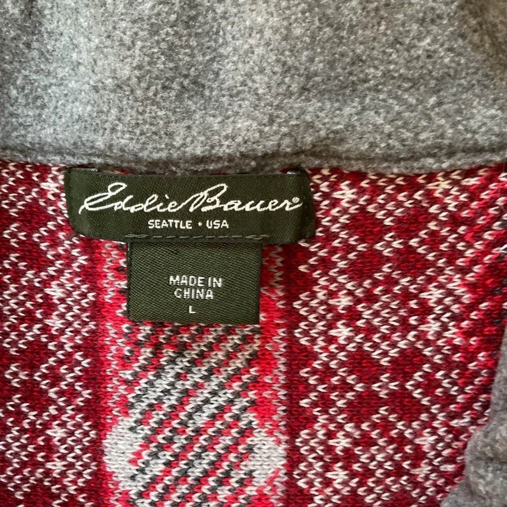 Eddie Bauer Womens Red Fair Isle Full Zip Nordic Snowflake Sweater Mock‎ Neck L